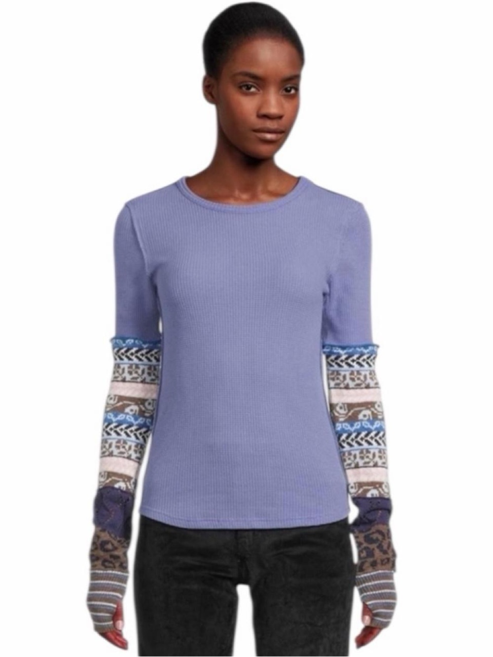 Free People Periwinkle blue waffle Long Sleeve Top with Patterned cuff sleeve